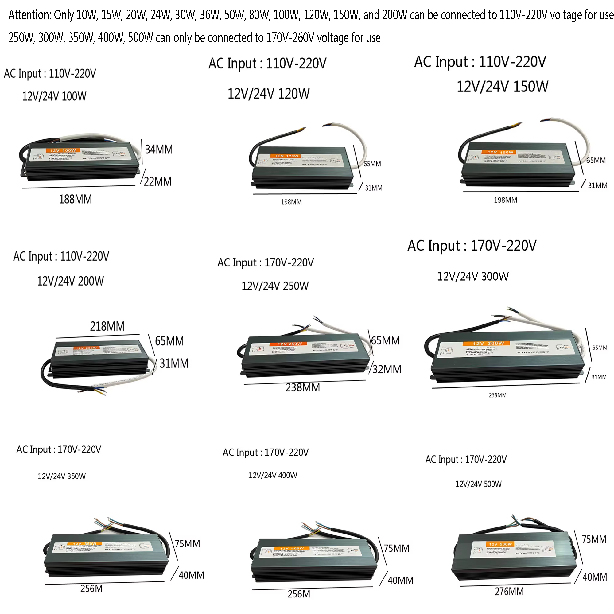 Transformateur d'éclairage étanche IP67, AC110V ~ 220V à DC 12V 24V, pilote LED 10W 20W 50W 100W 400