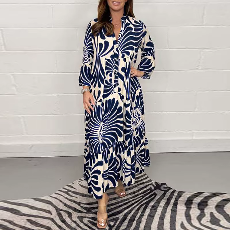 Robe de soirée imprimée à manches 3/4 et col en V pour femmes, robes de vacances de plage décontract