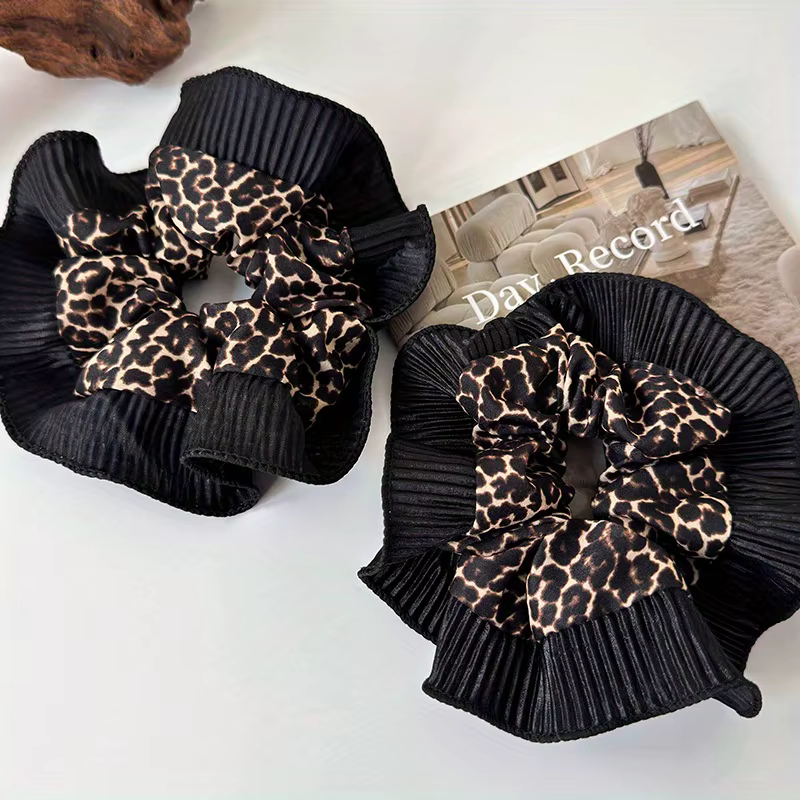 Anneaux de cheveux en dentelle imprimé léopard Vintage pour femmes, attaches de cheveux élégantes au