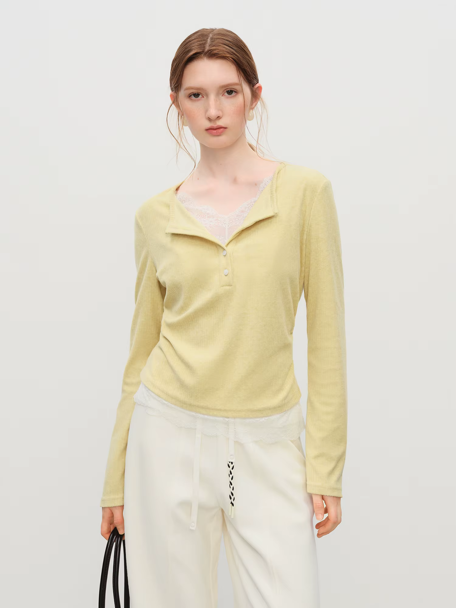 FSLE automne hiver 2025 T-Shirt à couche simulée pour femme - Haut de base en tricot avec bordure en