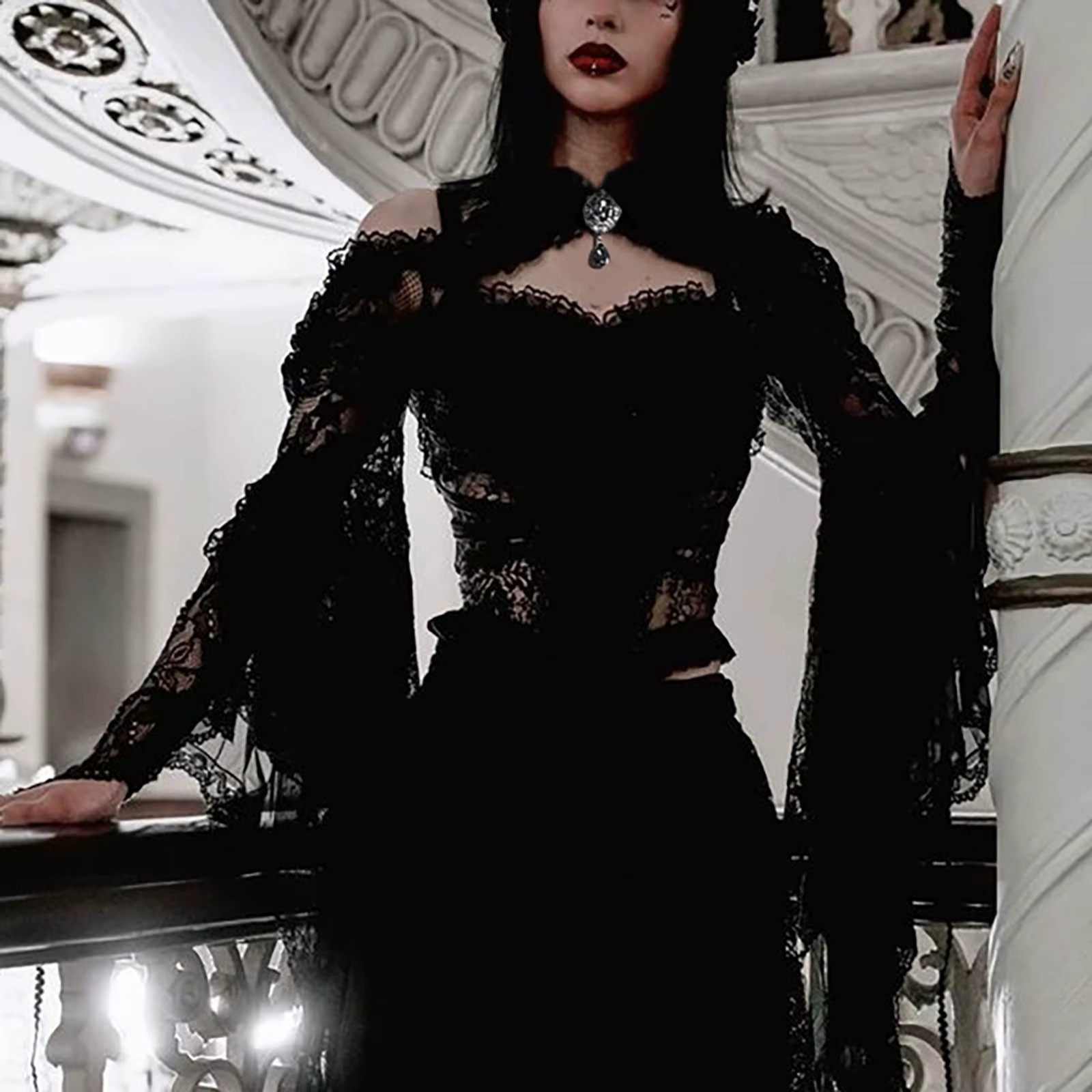 Punk boléro haussement d'épaules Top Trad Goth châles noirs manches évasées couverture enveloppes po