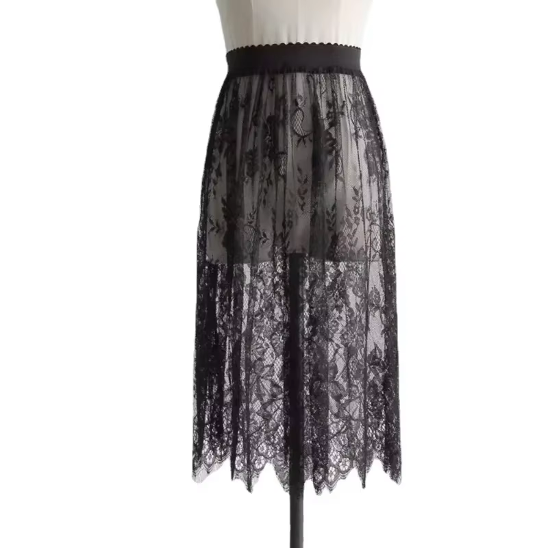 Été femmes maille dentelle Transparent longue Tulle jupe mode coréenne Sexy dames élastique taille h