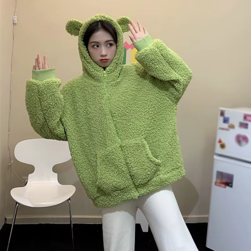 Sweat à capuche zippé en fausse fourrure pour femme, sweats à capuche doux avec oreilles d'ours en p