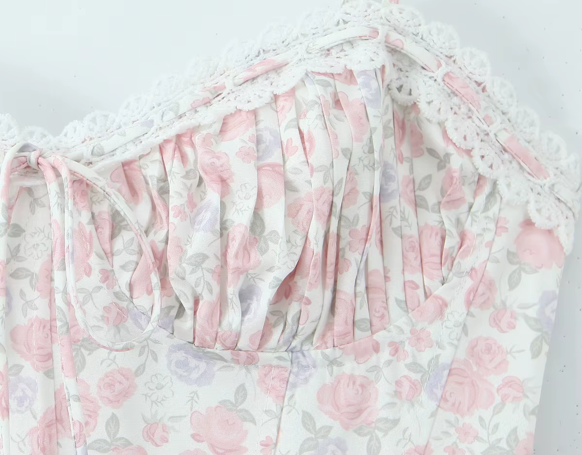 Robe longue en dentelle épissée, imprimé Floral, Sexy, froncé sur la poitrine, Style Corset, à brete