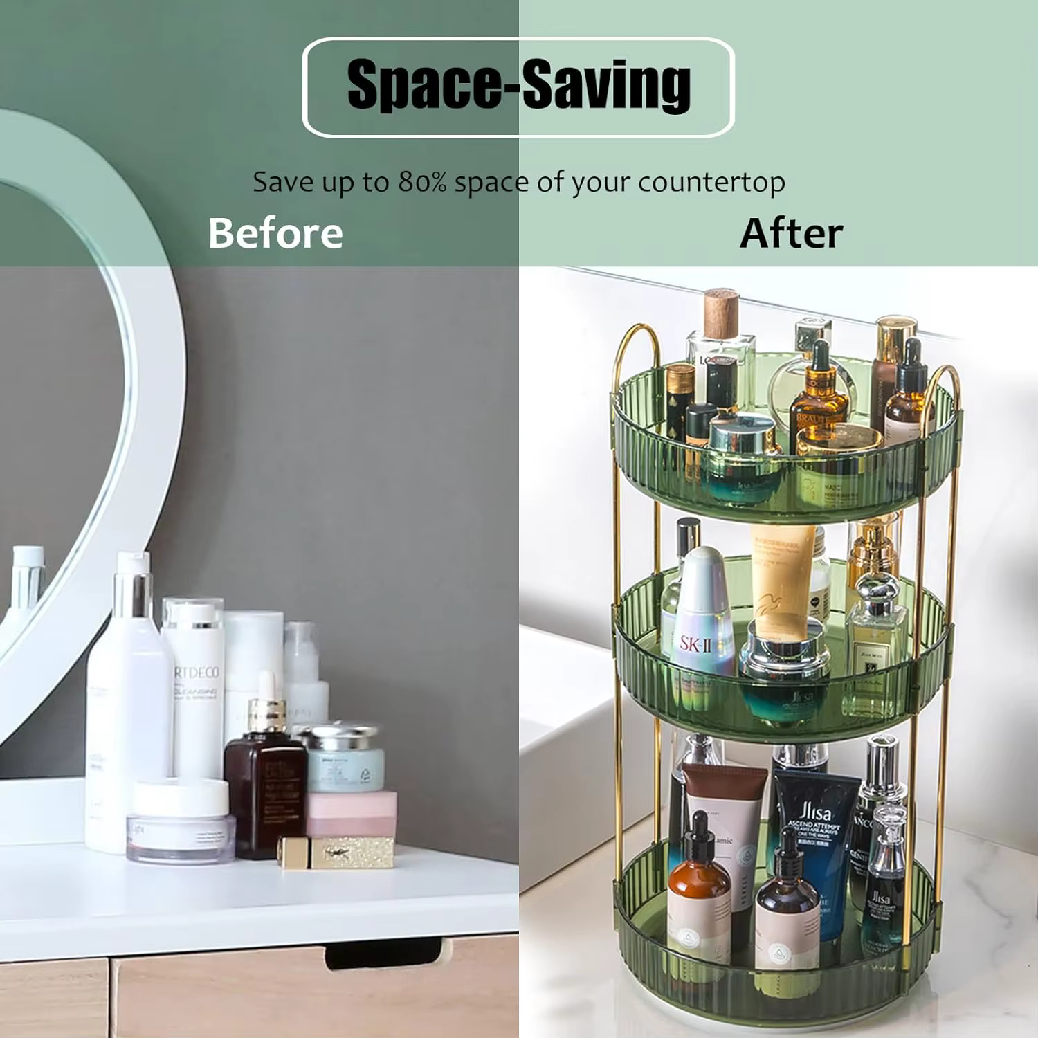 Organisateur de maquillage rotatif pour vanité à 3 niveaux, haute capacité pour soins de la peau, st