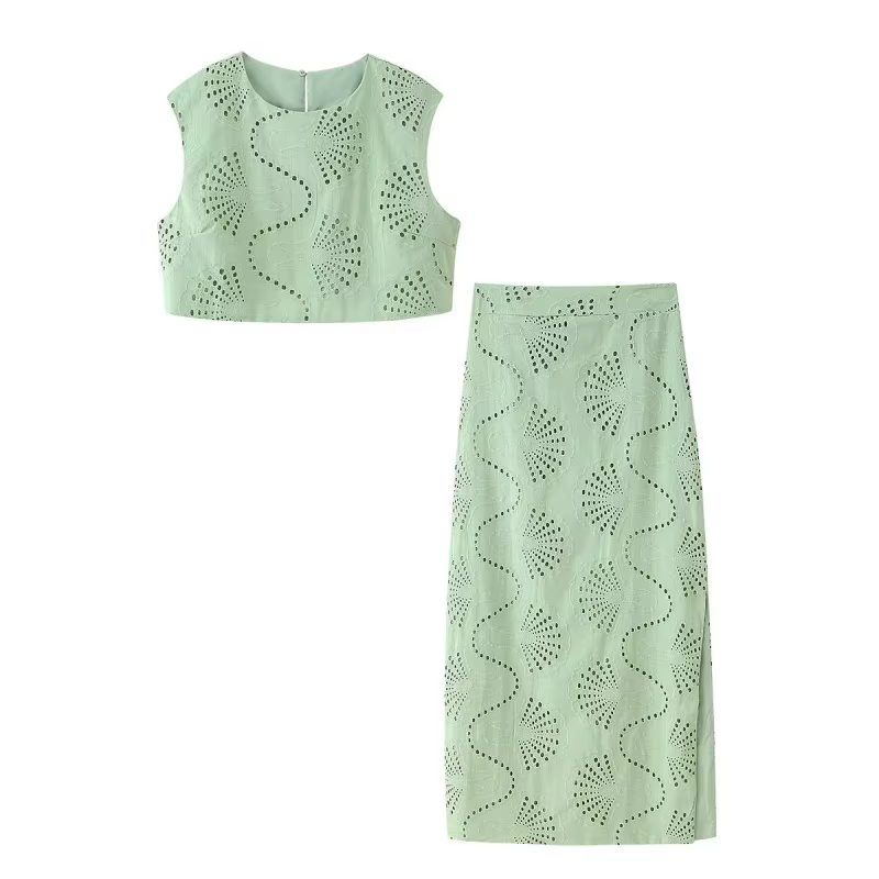 ETJ 2025 nouvelles femmes élégantes et douces broderie creuse col rond veste et taille haute fente j