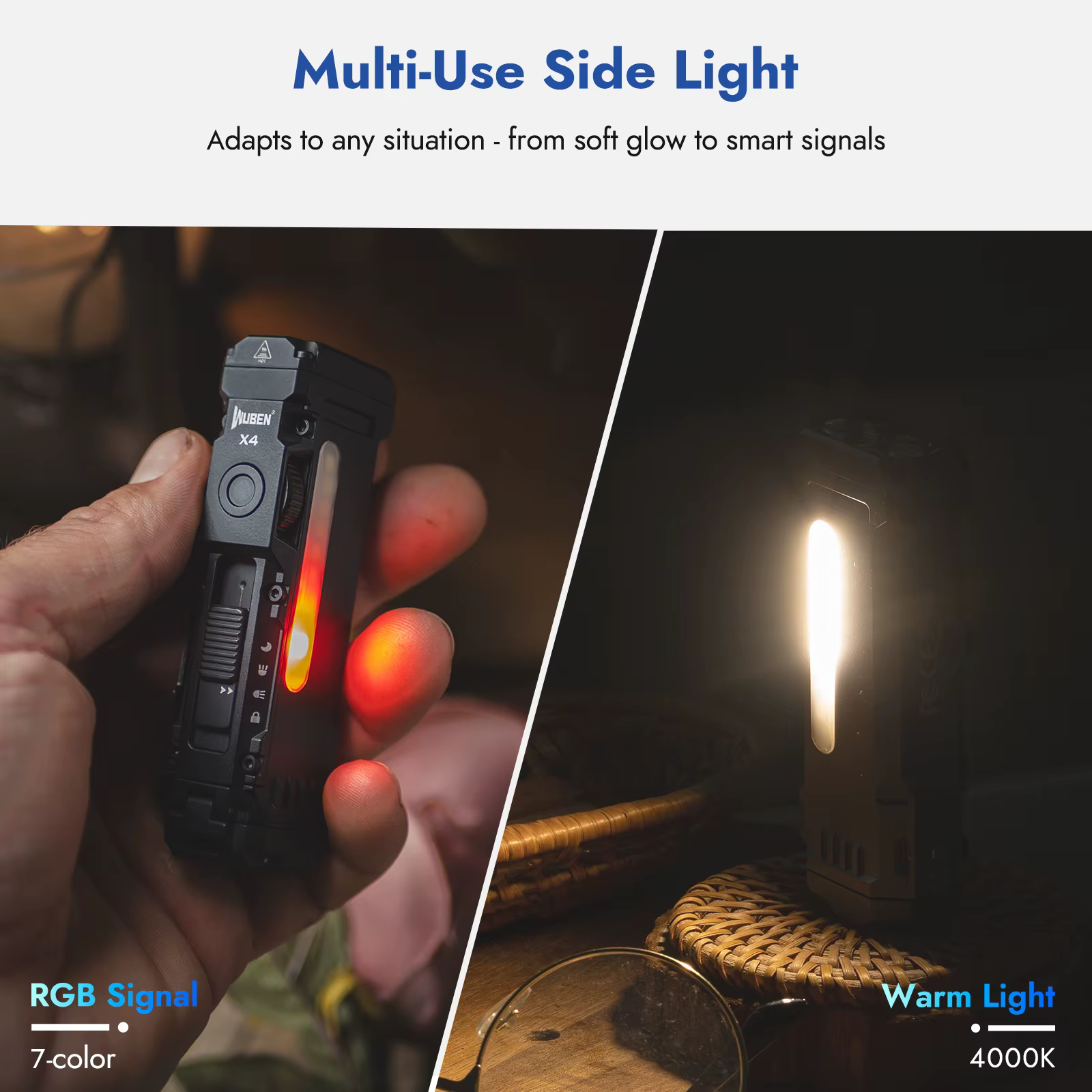 Lampe torche plate WUBEN X4 EDC avec lumière RGB, mini lampe torche de 1500 lumens avec interrupteur