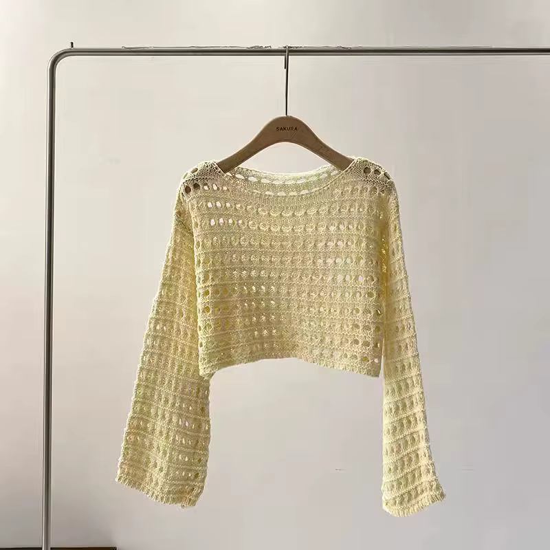 Haut en tricot au Crochet à manches longues pour femmes, Cover-Up pour Bikini de plage, pull court e