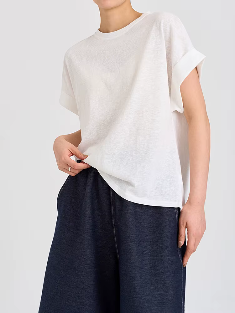 T-shirt femme à manches courtes en coton et lin, col rond, coupe oversize, style dolman, uni, printe