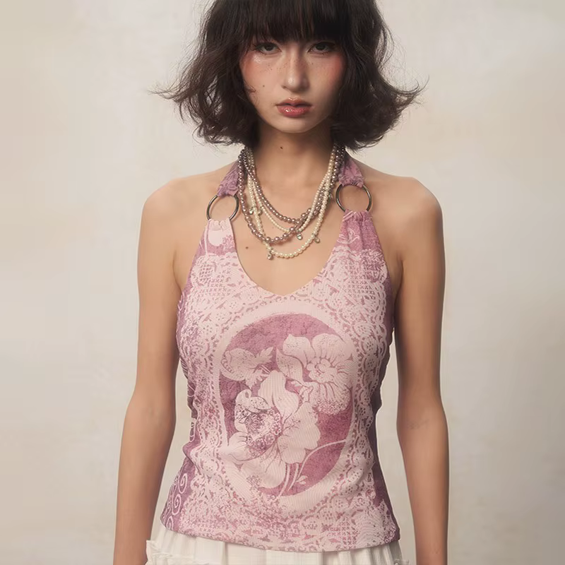Karrcat-Camisole à imprimé fleuri rétro des années 2000, haut violet précieux, licou japonais Y2k, e