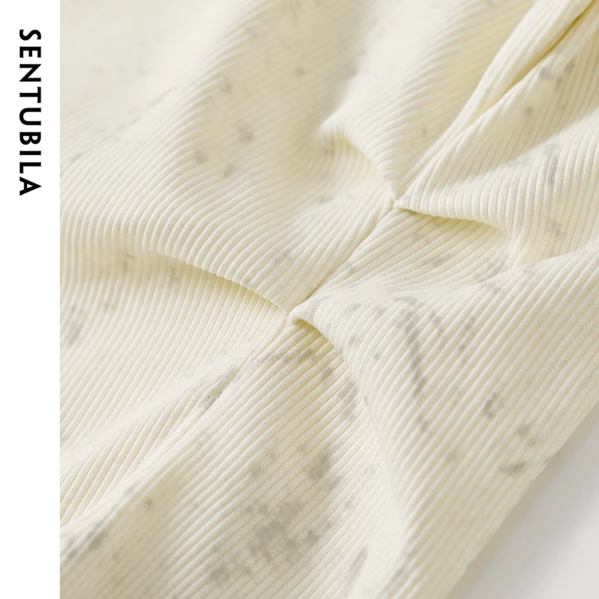 T-shirt en coton imprimé SENTUBILA pour femme, plissé irrégulier, tricoté, col rond, manches longues