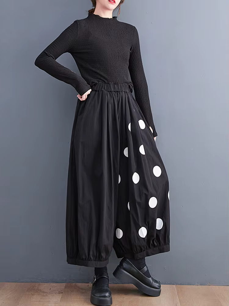 Pantalon large noir vintage à pois taille haute élastique pour femme, nouvelle collection printemps 