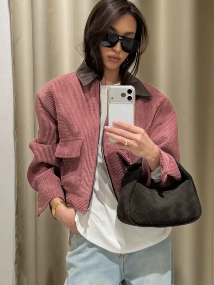 Veste décontractée rose SLTNX pour femme, coupe ample, style streetwear, avec fermeture éclair et po