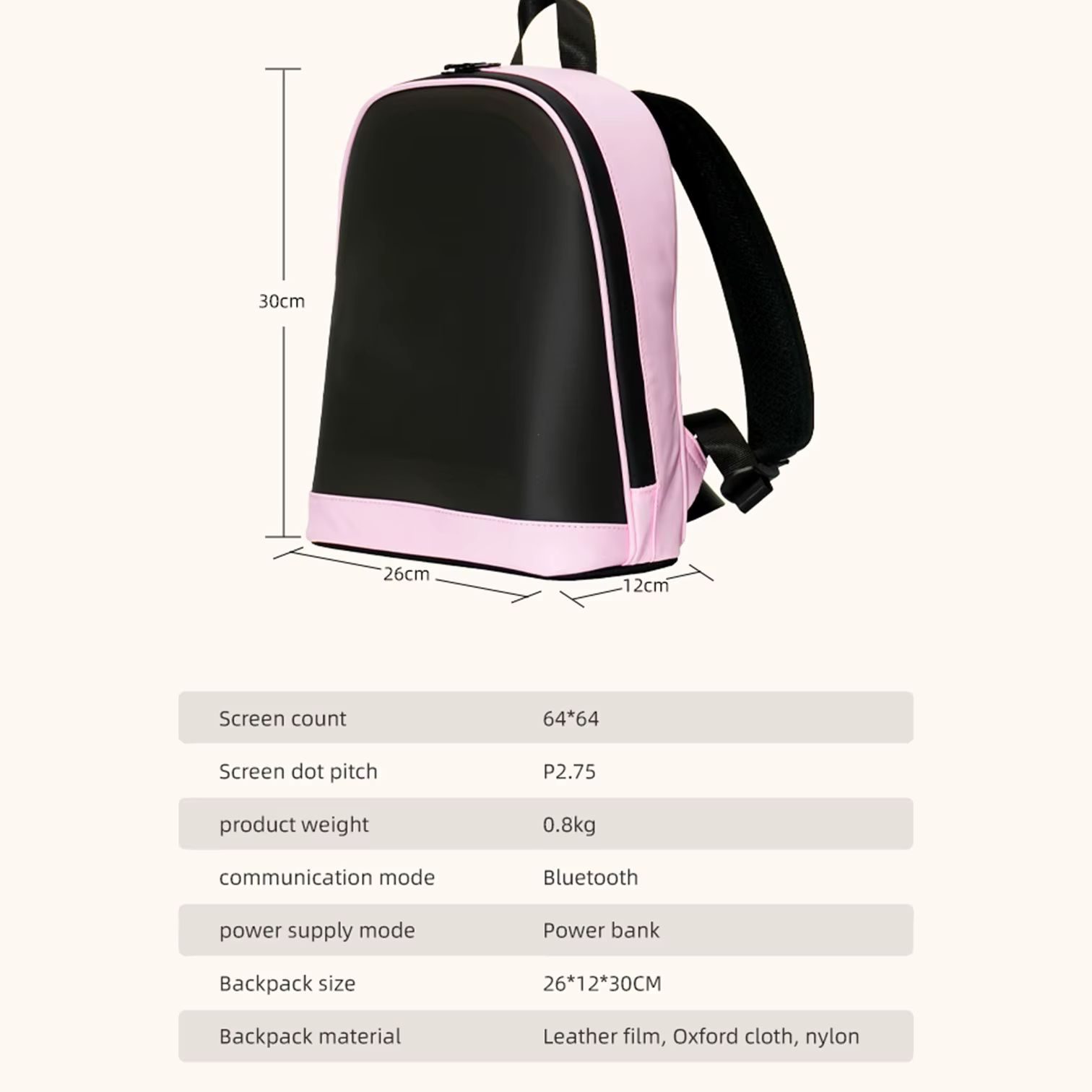 Sac à dos LOY T7-3 avec écran LED, connexion Bluetooth, contrôle par application, affichage publicit