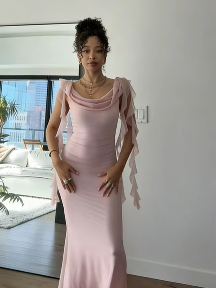 Robe de soirée élégante pour femme, style célébrité, à volants superposés, épaules dénudées, fluide,