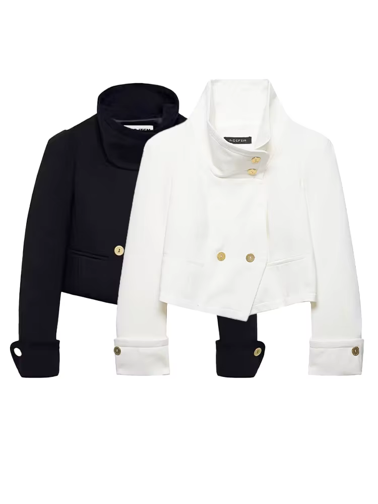 HH Femme 2026 Nouvelle Mode Manteau Court Uni à Col Montant et Double Boutonnage, Chic Vintage avec