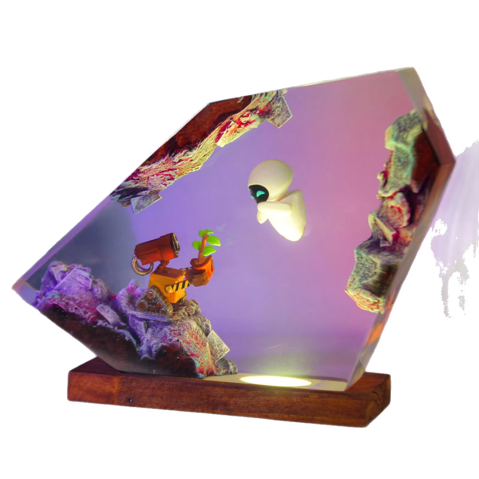 Lampe de nuit en résine époxy faite à la main, figurine Wall-E & EVA avec base en bois, figurine déc