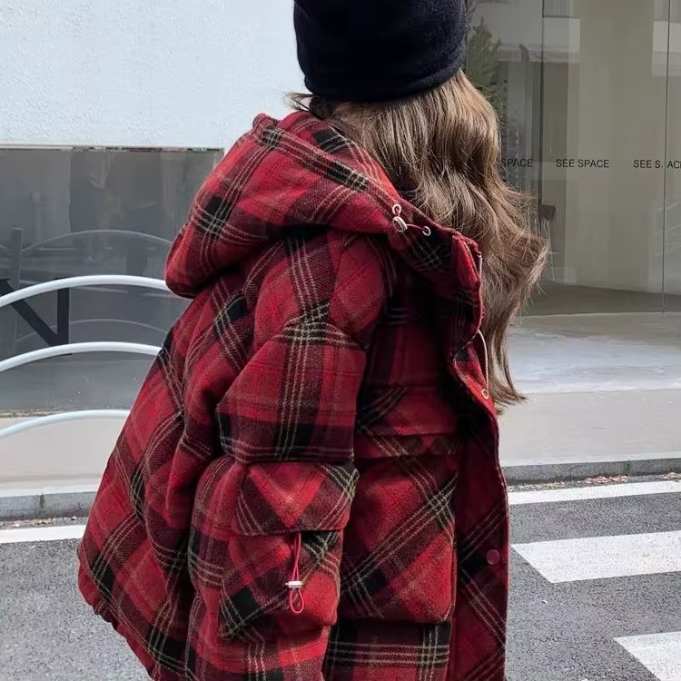 Veste courte en coton à carreaux rouge pour femme, nouveau Design, hiver 2025, 2025
