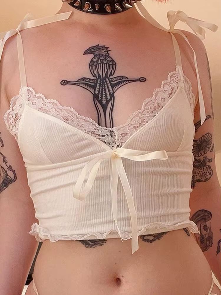 Haut court en dentelle pour femmes, imprimé, nœud blanc, mignon, doux, Mini gilet tricoté, basique, 