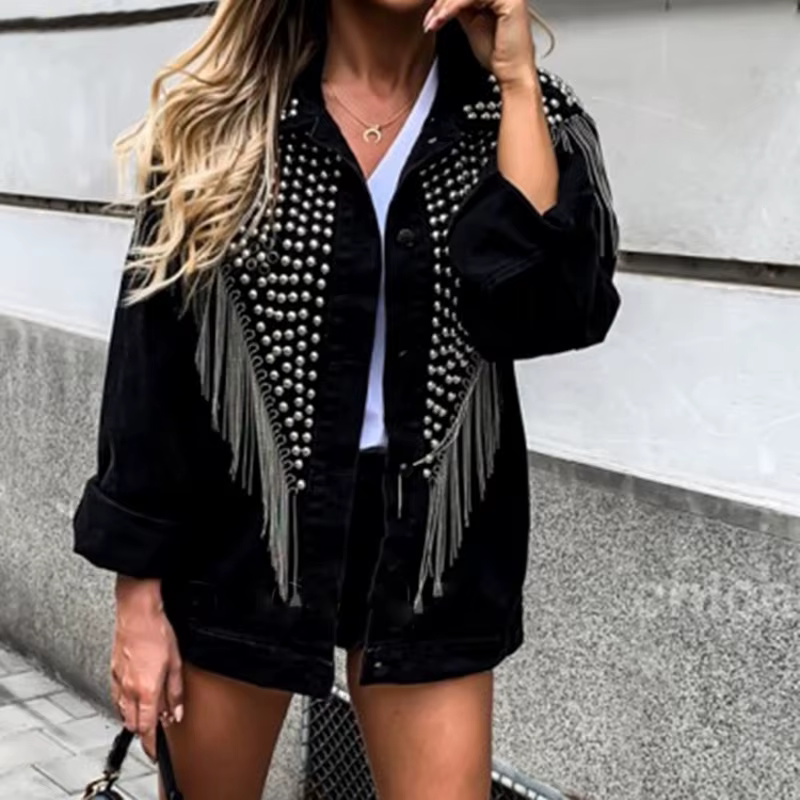 TEELYNN Boho noir Denim veste pour femmes manteaux à manches longues automne ample frange Jean veste