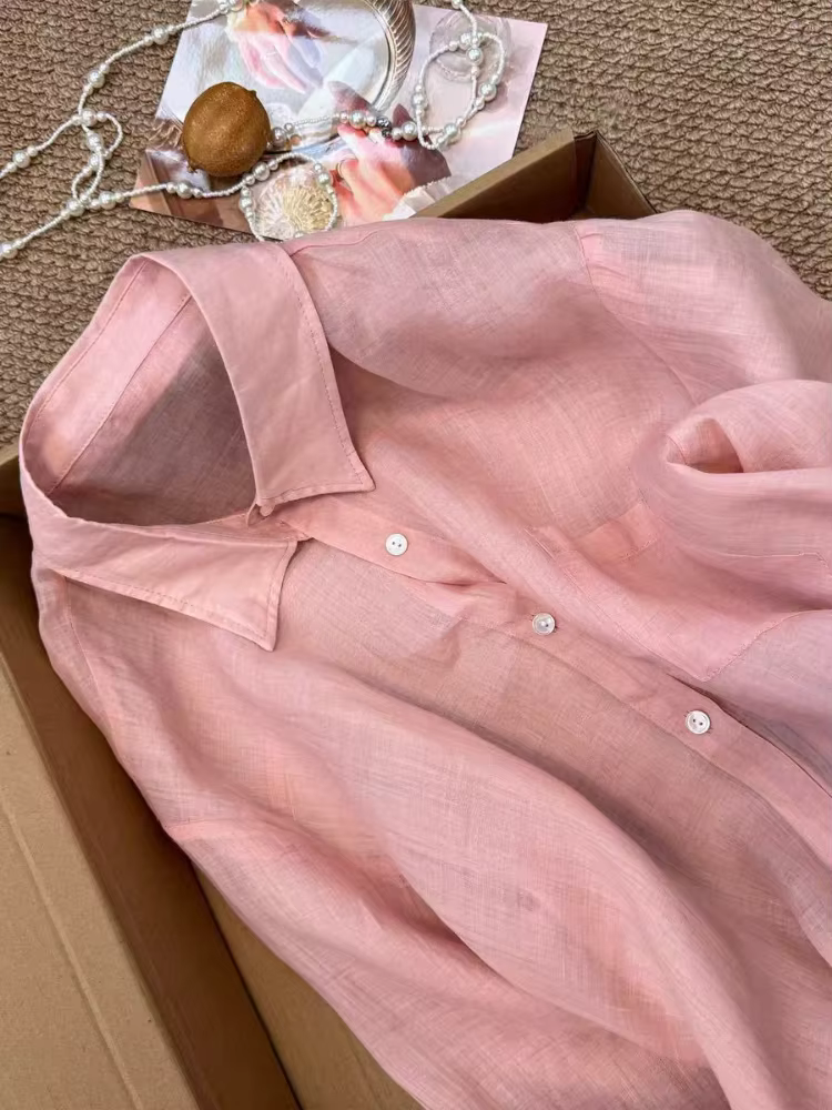 Chemise en lin bleue pour femme, été, fine, ample, en coton et lin, manches longues, protection sola