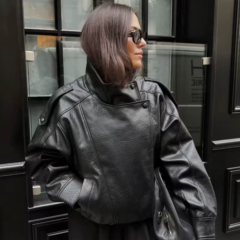 HXAO Veste bombardier asymétrique en simili cuir pour femme, courte, noire, surdimensionnée, à la mo