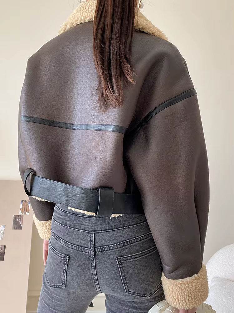 Ailegogo en Fausse Fourrure d'Agneau pour Femme, Streetwear Rétro, Veste avec Ceinture à Fermeture É