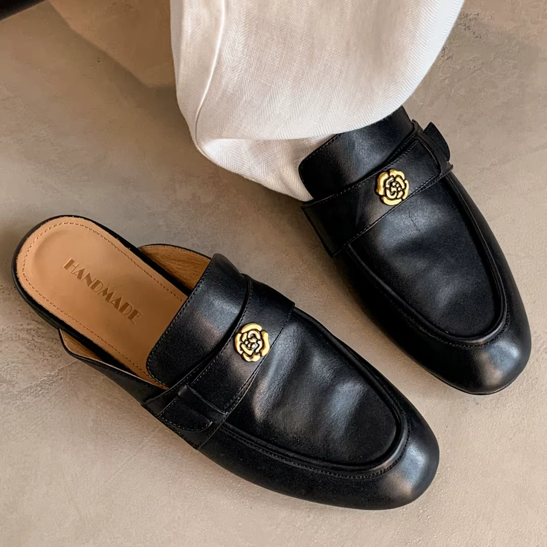 Sandales plates à enfiler en cuir de vache pour femmes, diapositives d'été de haute qualité, douces