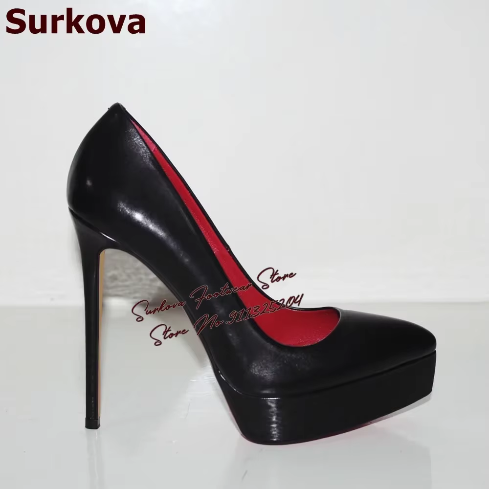 Surkova noir mat talon haut plate-forme robe pompes bout pointu sans lacet Banquet chaussures rouge 