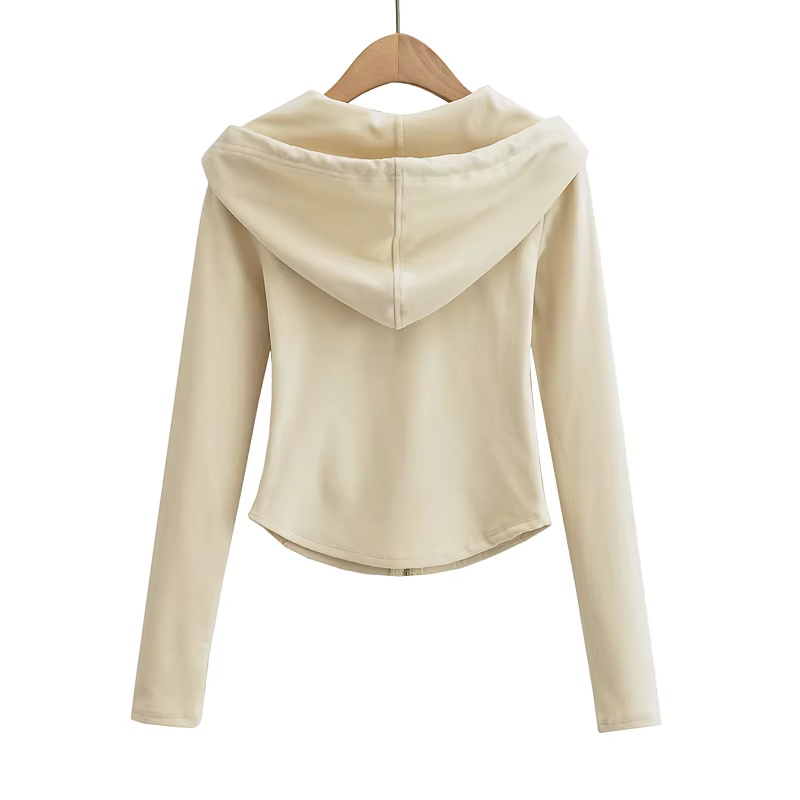 Sweat à capuche court à manches longues pour femmes, haut court, sexy, slim, fermeture éclair complè