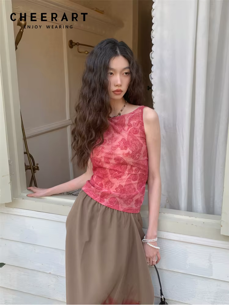 CHEERART Flocage Floral Dos Nu Rouge Débardeur Pour Femmes 2023 Vêtements d'été Haut de gamme Mode F