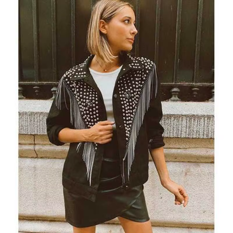 TEELYNN Boho noir Denim veste pour femmes manteaux à manches longues automne ample frange Jean veste