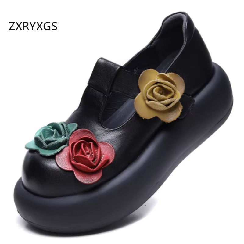 ZXRYXGS 2025 classique rétro haut peau de vache à la main fleur femmes chaussures à la mode plate-fo