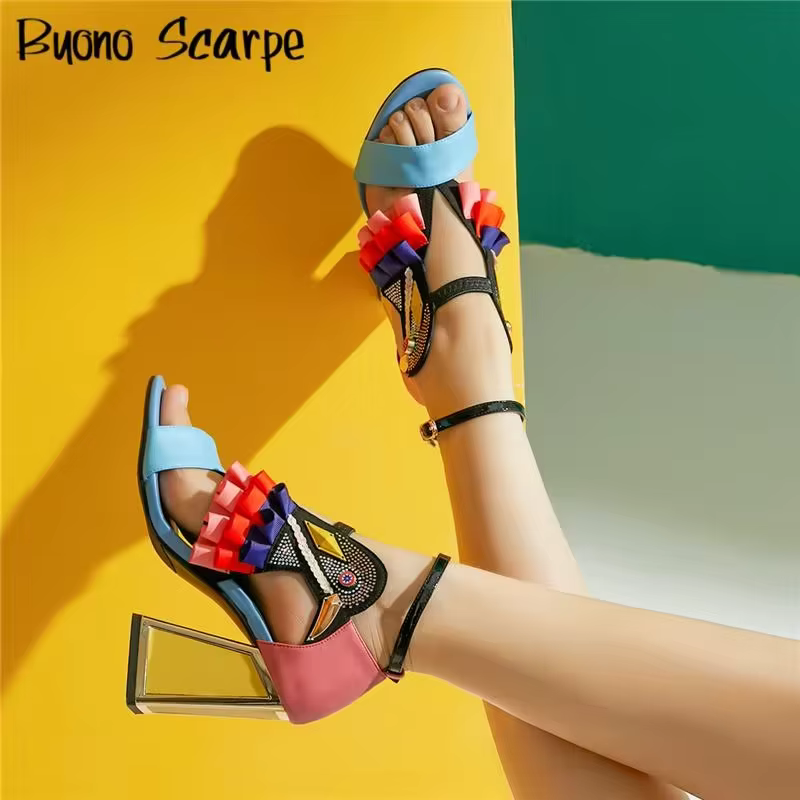 Sandales à Talons Épais et Strass pour Femme, Chaussures d'Été Assorties avec Ceinture, Nouvelle Col