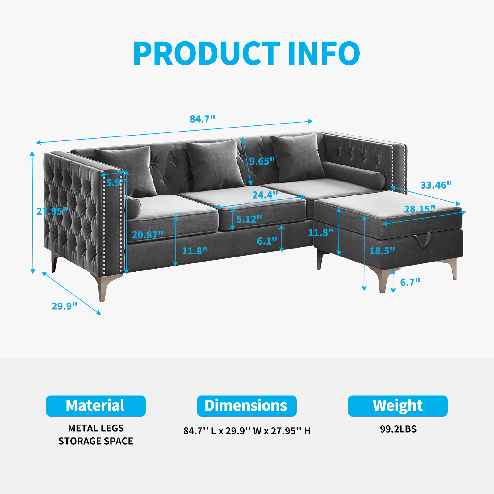 HORGgland-Canapé sectionnel convertible O, canapé en forme de L avec coussin de jet et coussin de tr