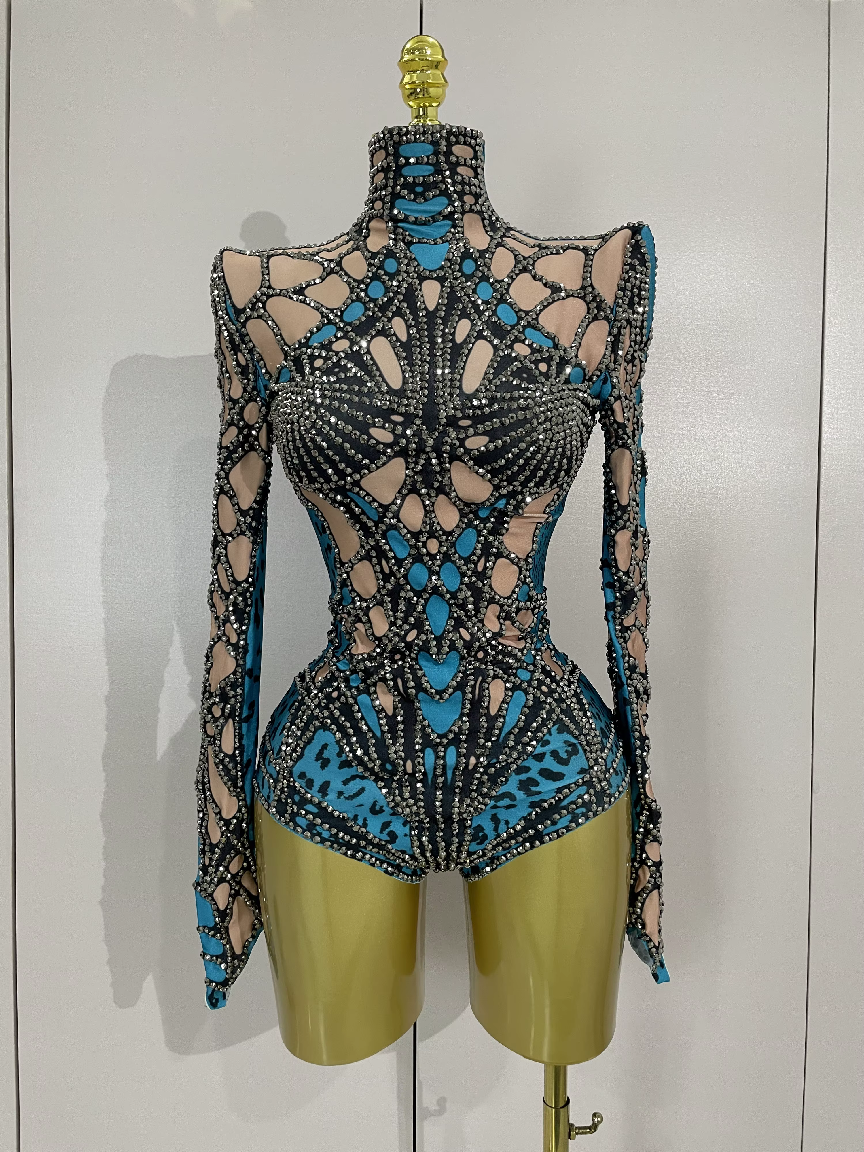 Body extensible à manches longues avec strass scintillants pour femmes, Costume de soirée de luxe po