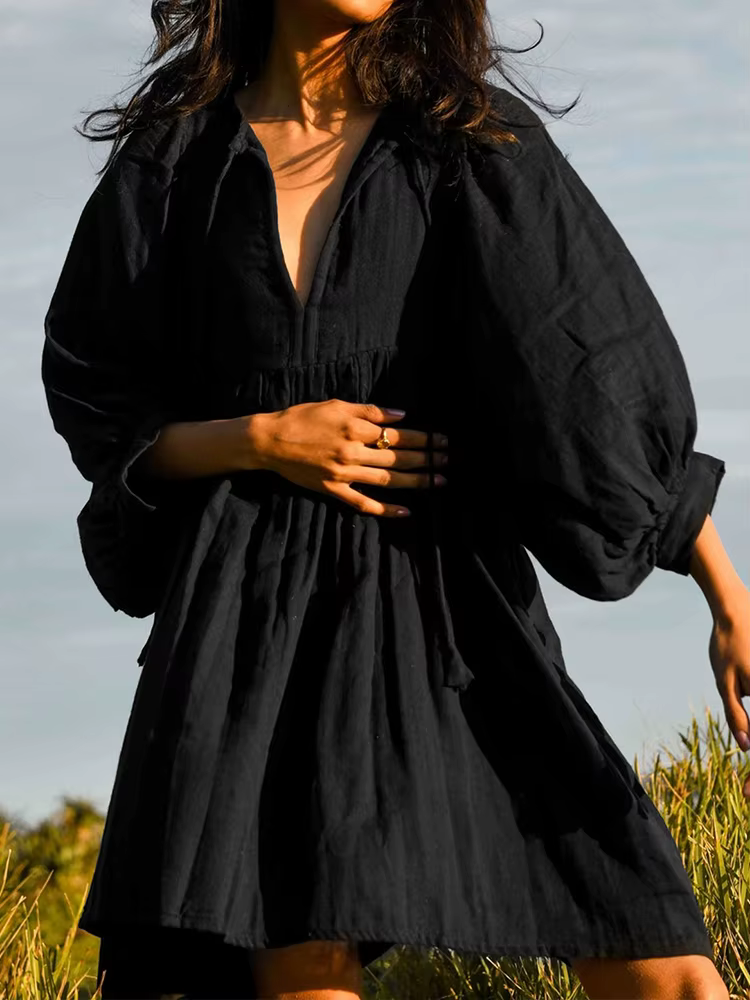 Robe plissée à col en V pour femmes, robes courtes à lacets, robe de plage élégante, manches lantern
