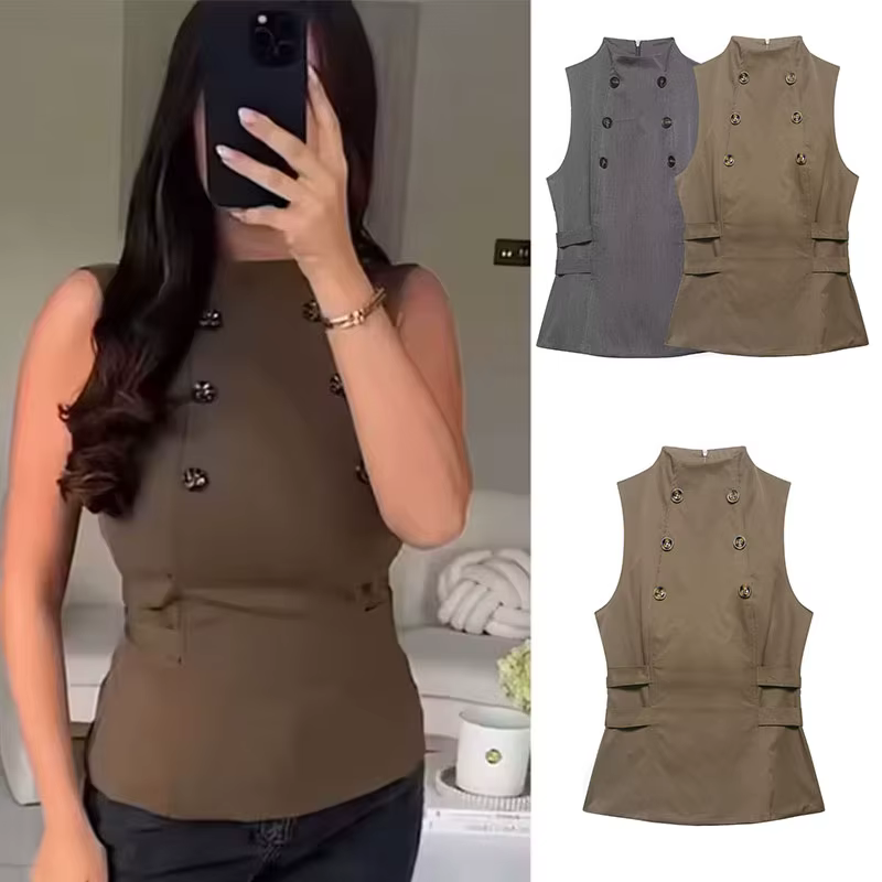 Gilet décontracté pour femme, bicolore, à double boutonnage, col montant, sans manches, cintré à la 