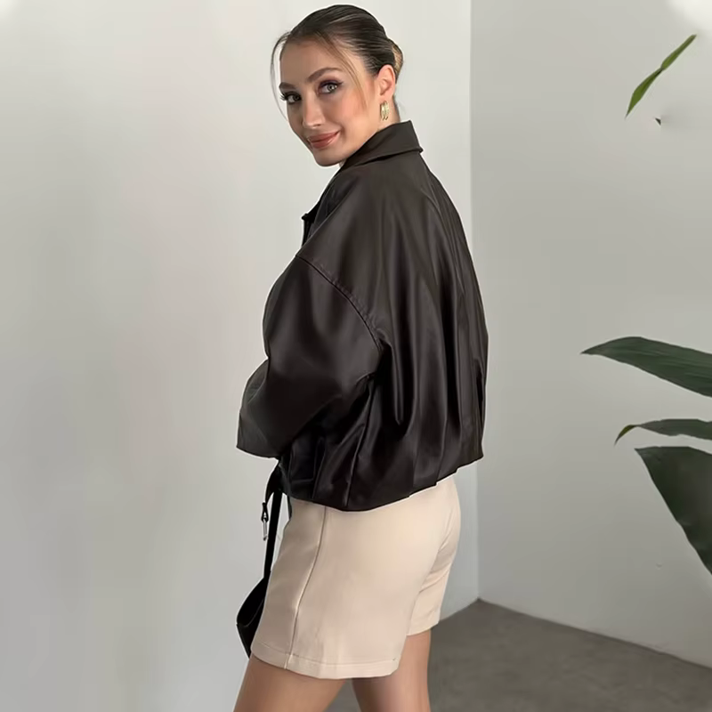 Veste en cuir tendance pour femme, blouson bomber vintage en similicuir, fermeture éclair unie, col 