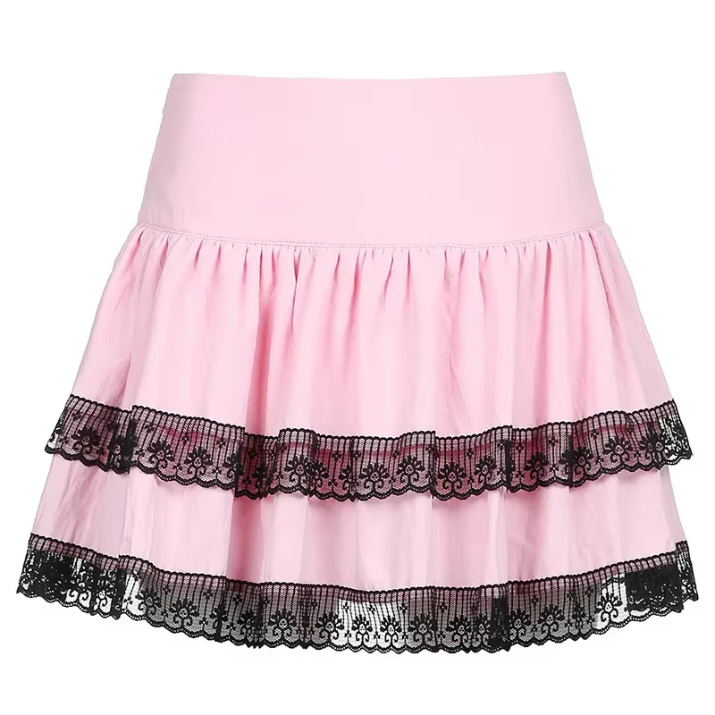 Jupe gothique vintage pour femmes, style académique, double dentelle rose, cousue A-word, jupe Haraj