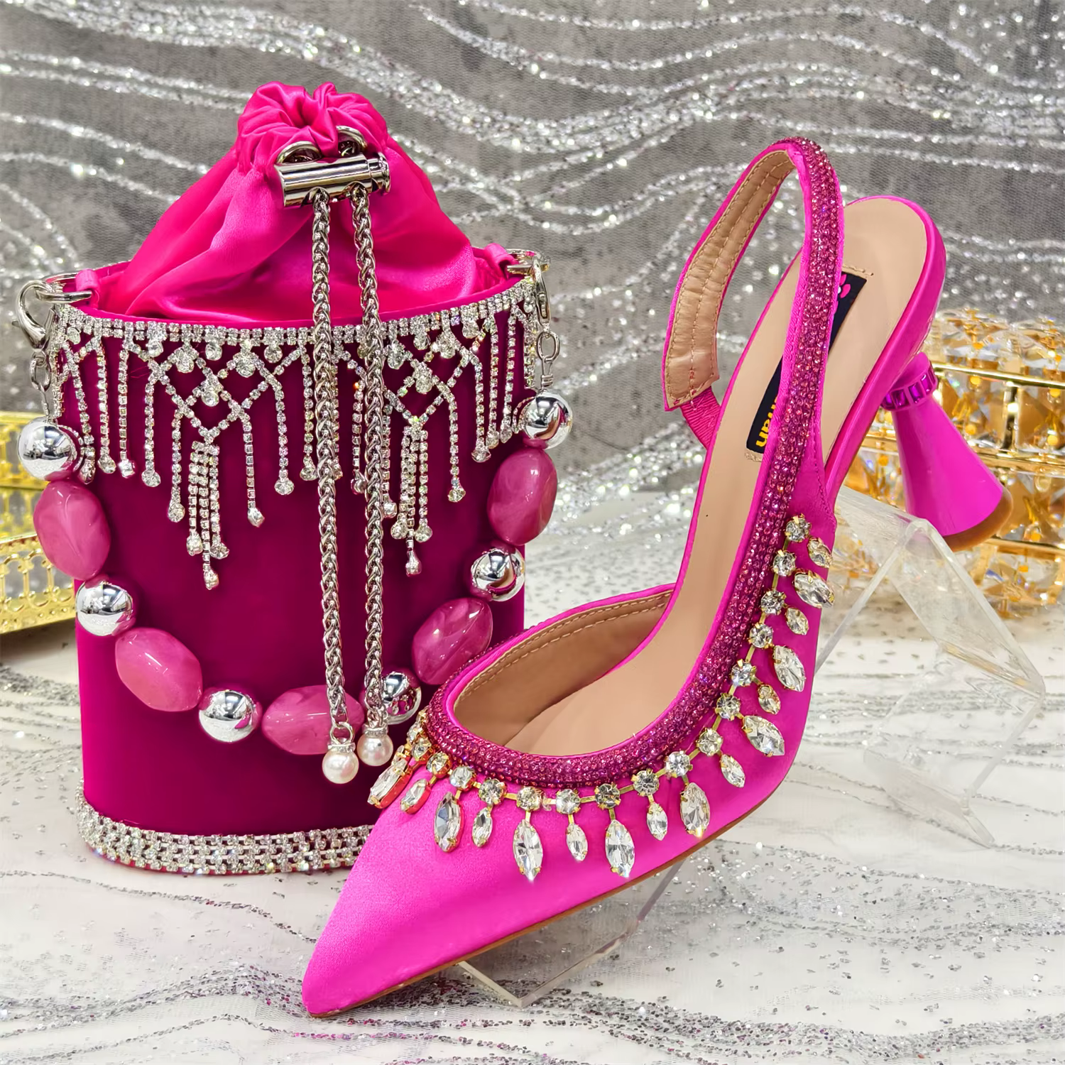 Venus Chan Po-Chaussures à Talons Hauts Pointus pour Femme, Sac à Main de Luxe, Strass, Élégant, Soi