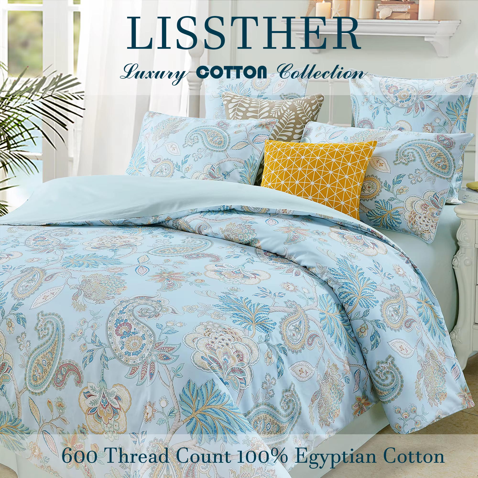 Ensemble de housses de sport en coton égyptien 600 TC 100%, sans noyau, motif floral de jardin bleu
