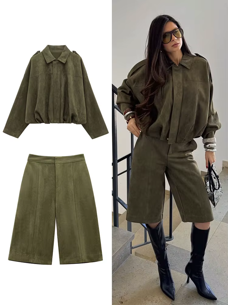 HH printemps femmes daim manteau pantalon ensembles revers fermeture éclair manches longues vestes S