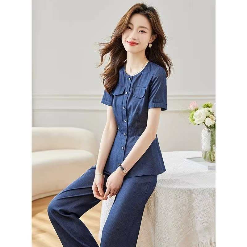 Ensemble en Jean à Manches Courtes pour Femme, Chemise en Denim et Pantalon Droit, Cardigan à la Mod