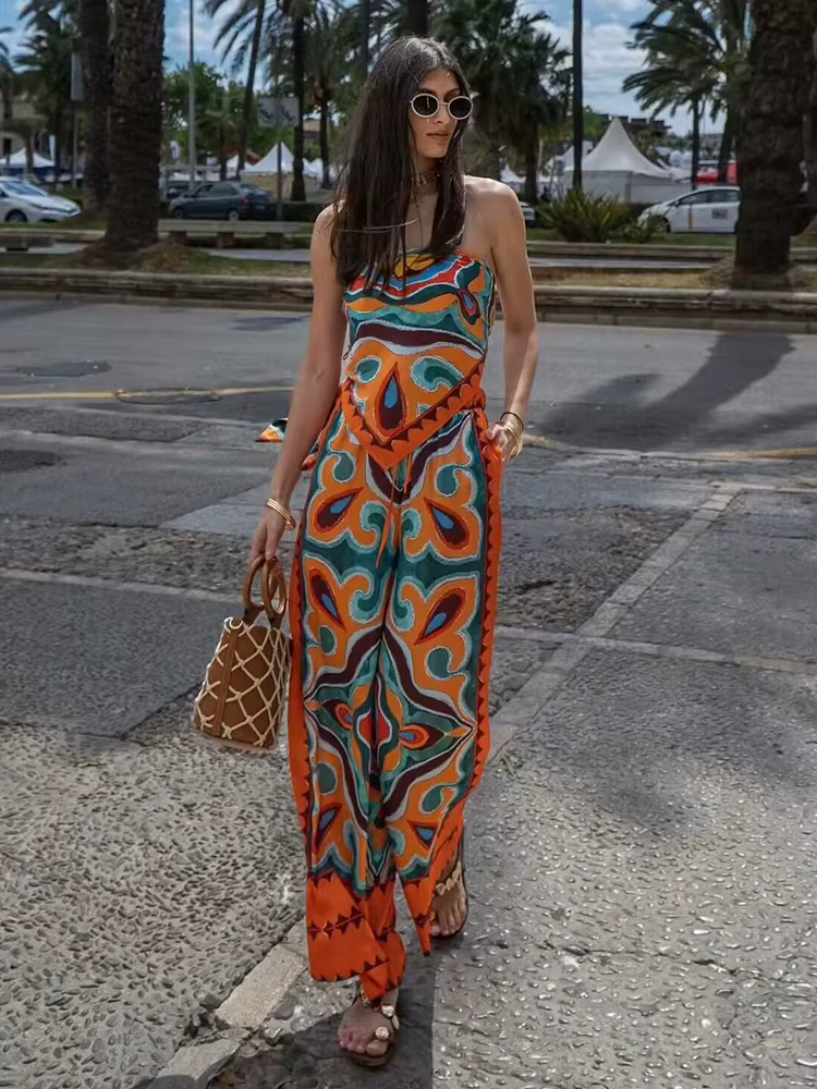 Ensemble deux pièces Vintage pour femmes, ample, style Boho, mode dames, pantalon en Satin, Chic, te