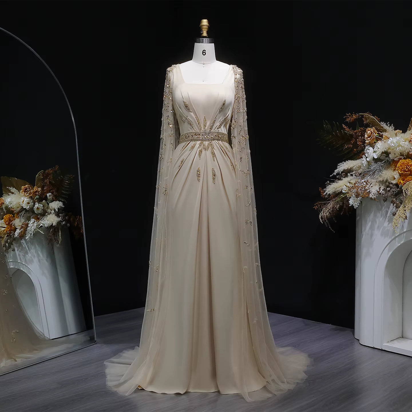 Robe de soirée sirène Sharon Said avec cape, col carré perlé de luxe, robes de soirée formelles pour