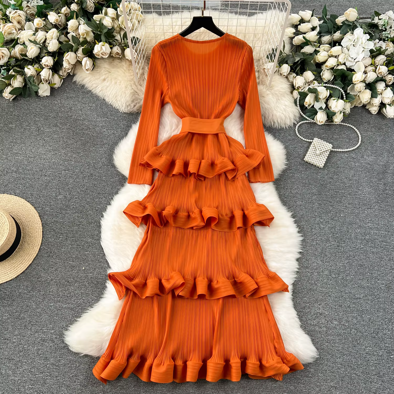 Robe trapèze en mousseline de soie plissée à volants pour femmes, manches longues, élégante, vintage