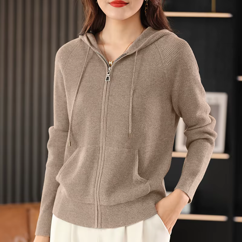 Pull en mélange de laine pour femme, col à capuche, tricoté épais, fermeture éclair, avec base de po