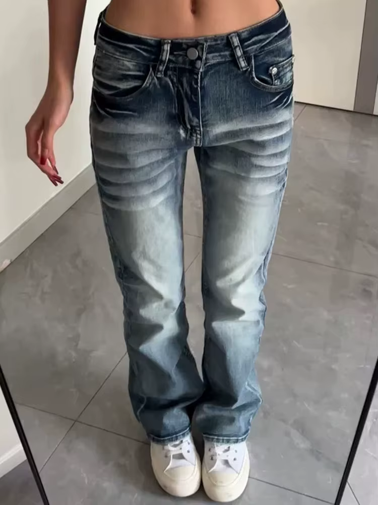 Jean Micro Flare Y2K Femme Taille Mi-Haute Lavé Coupe Slim Droite Étroite Style Spicy Girl Automne