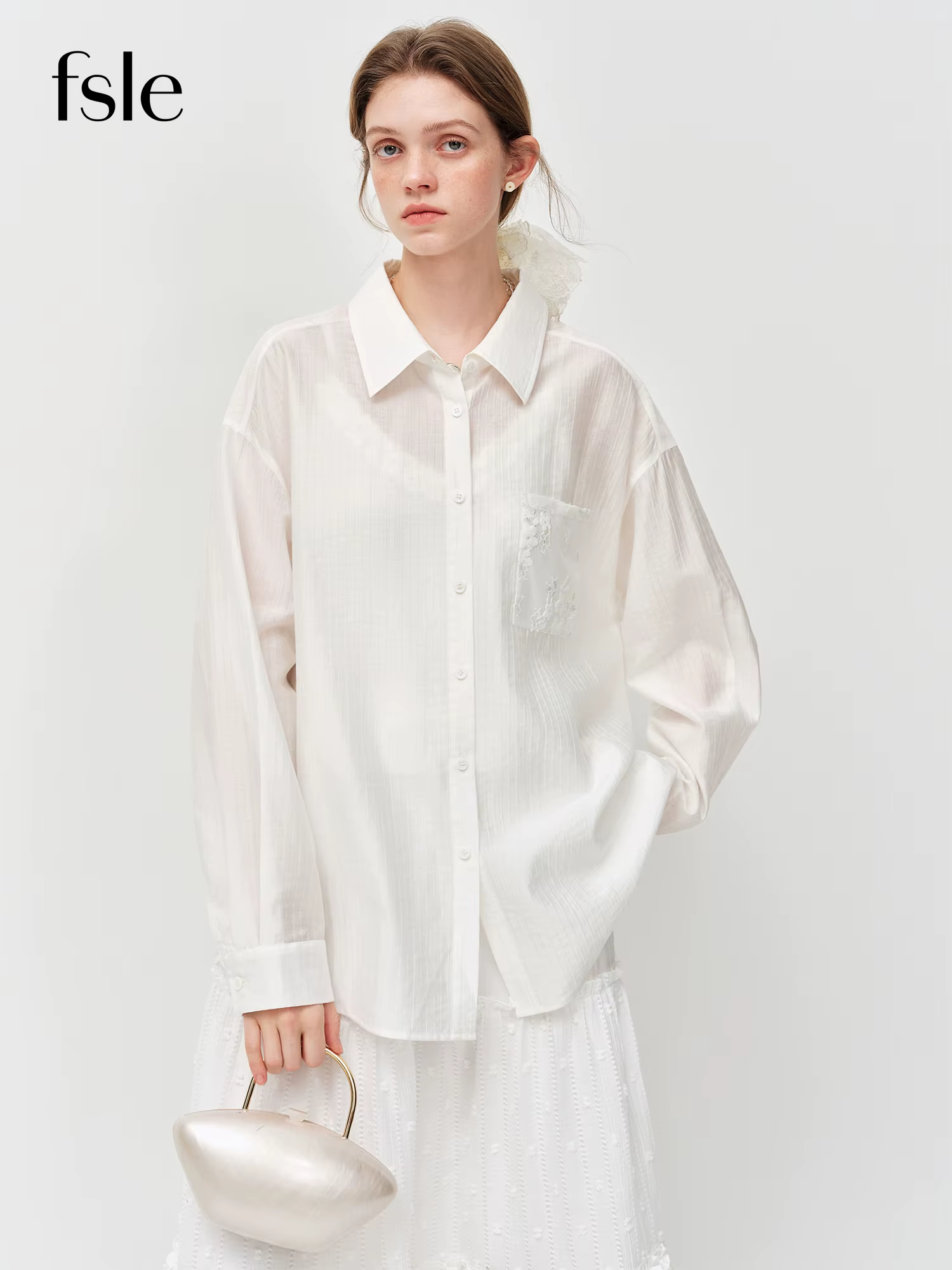Chemisier blanc à nœud et dentelle pour femme FSLE 2026, col en V, manches courtes, chemise de créat